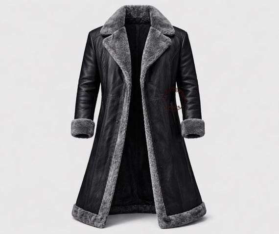 Men's Handmade Black Leather Duster - Grey Fur Trimmed Trench Coat