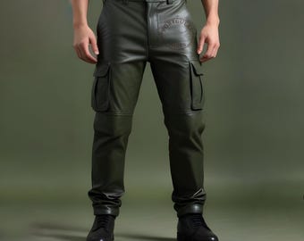 Genuine Green Leather Cargo Pant: Gothic Style, Custom Fit