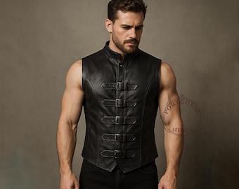 Genuine Black Leather Steampunk Vest: Custom Sleeveless Coat