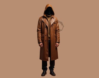 Gabardina de cuero marrón con capucha hecha a mano - Abrigo largo personalizado para hombre
