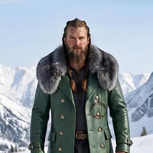 May include: A double-breasted forest green leather coat featuring a large grey faux fur collar, gold-toned buttons, and buckled cuffs. The coat displays a circular logo on the left chest with the text PORTGUEST HYDES in a dark brown font.