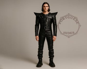 Men's Sculpted Shoulder Genuine Leather Suit | Cyberpunk Warrior Jumpsuit | Handmade Gothic Body Armor Style