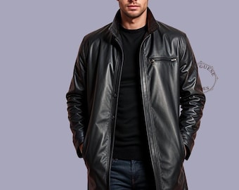 May include: A black leather long coat with a button closure and a zippered pocket on the left side. The coat has a stand-up collar and a zippered pocket on the right side.