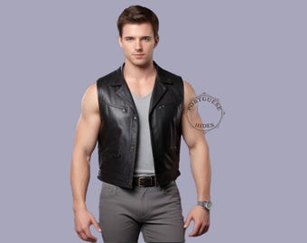 Handmade Black Leather Biker Vest: Genuine Leather, Classic Style