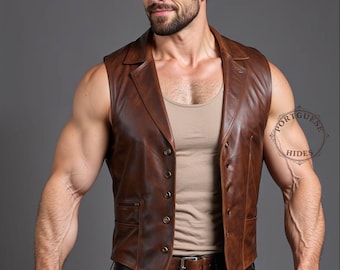 Genuine Brown Leather Biker Vest: Handmade Classic Style