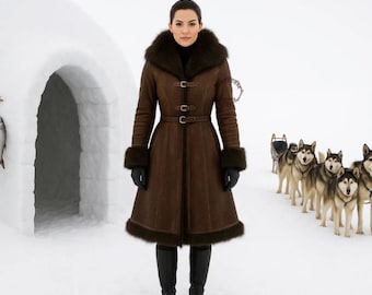 Gabardina de cuero marrón para mujer con cuello y puños de piel negra - Chaqueta de invierno extragrande