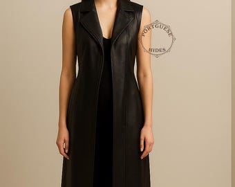 Women’s Black Leather Long Trench Coat - Genuine Leather Winter Coat-  Custom Made Outerwear for Women -  Leather Coat - Stylish Winter Wear