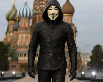 May include: A person wearing a black leather jacket with a quilted pattern on the shoulders and a belt. The person is also wearing black gloves and a Guy Fawkes mask with a white face and a black mustache and goatee. The background features a building with colorful domes.