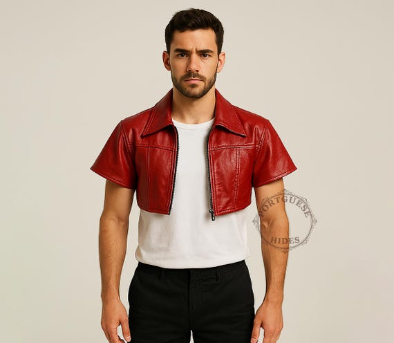 Men's Cropped Red Leather Bolero Jacket: Retro Moto Style