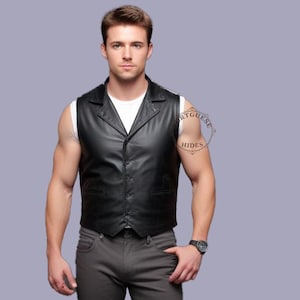 Handmade Black Leather Biker Vest: Genuine Leather, Custom Fit