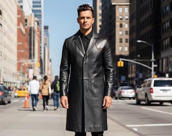 Men's Black Leather Trench Coat - Full-Length Duster Jacket, Classic Winter Overcoat - Handmade Goth Style