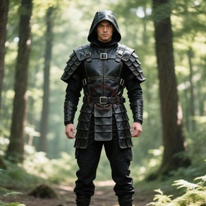 May include: A person wearing a black leather hooded vest and matching pants, standing in a forest. The vest features layered armor plates, buckles, and a belt. The background shows tall trees with green foliage.