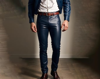 Echte blauwe leren gothic broek: slimfit feestkleding