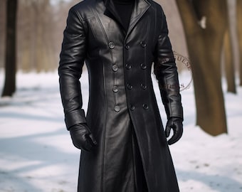 Men's Handmade Sheep Leather Trench Coat: Fur Lined Winter Men's Handmade Sheep Leather Trench Coat: Fur Lined Winter