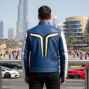 K&ouml;nnte beinhalten: Eine blau-wei&szlig;e Lederjacke mit einem einzigartigen Design auf dem R&uuml;cken. Die Jacke hat einen Stehkragen und wei&szlig;e &Auml;rmel. Die Person steht vor einer Skyline mit moderner Architektur und Palmen.