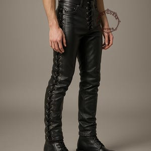 Genuine Black Leather Biker Pants - Steampunk Lace-Up Trousers