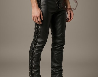 Genuine Black Leather Biker Pants - Steampunk Lace-Up Trousers