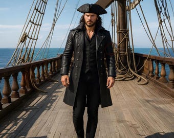 Trench da pirata in pelle nera da uomo - Soprabito lungo in stile gotico steampunk - Cosplay da capitano adulto per Halloween