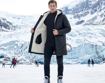 Abrigo de cuero negro con capucha para hombre - Chaqueta de invierno con forro de piel