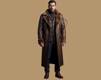 May include: A long brown leather coat with a fur collar and cuffs. The coat has a double-breasted closure and a belt at the waist.