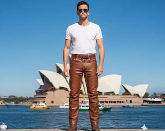 Brown Leather Biker Pants for Men - Distressed Cafe Racer Trousers - Handmade Streetwear Gift