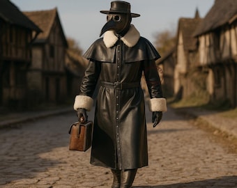 Black Leather Steampunk Trench Coat Cape - Medieval Reenactment Costume - Gothic Cosplay Cloak