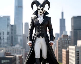 May include: A black leather long coat with three front buckles, a white ruffled cravat, and white trousers. The figure wears a white mask with black eye markings and a black headpiece featuring two large, curved horns extending from the sides.