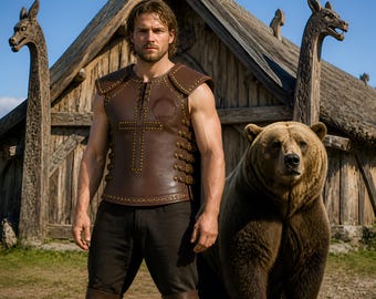 Gilet da uomo in pelle marrone borchiato - Costume LARP, Gilet steampunk per rievocazioni rinascimentali