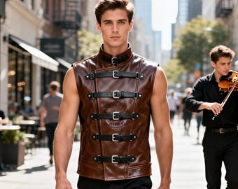 Chaleco de cuero marrón para hombre con hebilla - Chaleco estilo western steampunk - Chaleco gótico motero