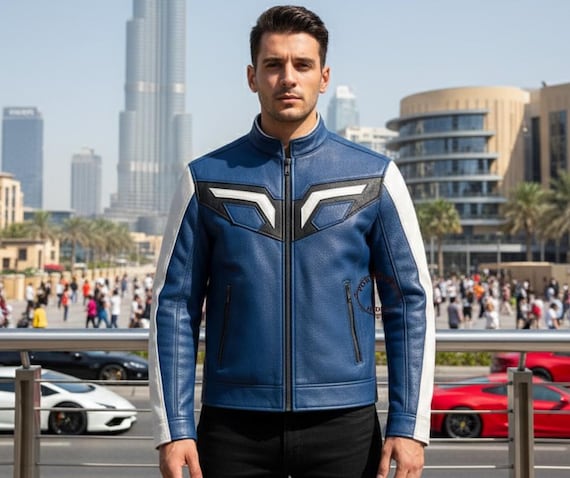 Blue and White Leather Cafe Racer Jacket for Men - Slim Fit Two-Tone Motorcycle Jacket