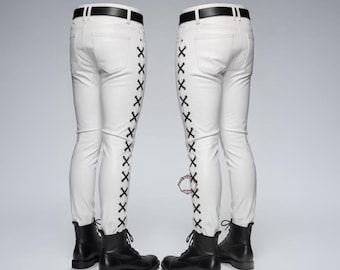 Men's White Leather Lace Up Pants - Gothic Biker Trousers - Festival Rave Wear