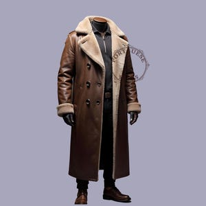 May include: A long brown leather coat with a shearling collar and lining. The coat has a double-breasted closure and two front pockets.