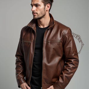 Veste motard en cuir marron 100 % véritable pour homme - Veste en cuir marron faite main pour homme - Veste en cuir marron personnalisée - Cadeau pour lui