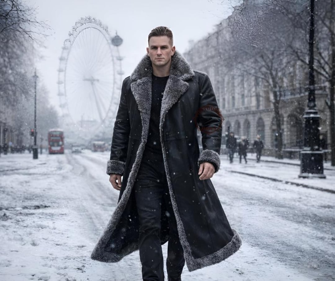 Men's Handmade Black Leather Duster - Grey Fur Trimmed Trench Coat