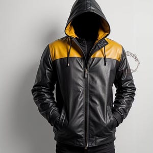 Blouson motard en cuir véritable noir et jaune pour homme - Veste à capuche en cuir faite main pour homme - Blouson en cuir noir personnalisé - Cadeau pour lui