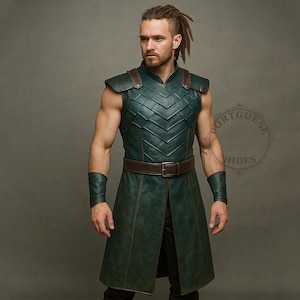 Green Leather Vest | Men’s Custom Fantasy Cosplay Tunic | LARP Renaissance Festival Sleeveless Coat | Medieval Gothic Outfit