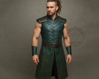 May include: A sleeveless, dark green leather tunic with a chevron design on the chest. The tunic has a brown belt and shoulder accents. Matching wrist cuffs complete the look. The garment is part of a costume or cosplay ensemble.