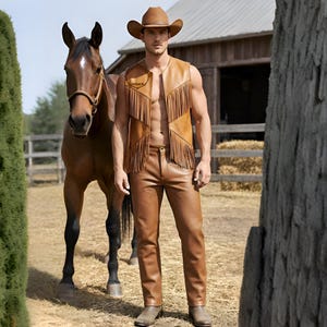 Handmade Tan Leather Fringe Vest and Pants - Men's Western Cowboy Outfit - Retro Rodeo Costume
