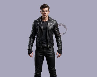 Può includere: Una giacca di pelle nera con chiusura a zip e colletto alto. La giacca ha una tasca con zip sul petto sinistro e due tasche con zip in vita.