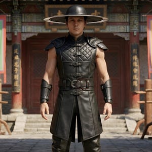 May include: A black sleeveless leather tunic featuring a quilted chest panel, multiple front buckle closures, and a wide matching belt. The outfit includes black leather arm guards and a wide-brimmed black conical hat worn over the head.
