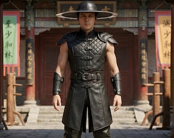 May include: A black sleeveless leather tunic featuring a quilted chest panel, multiple front buckle closures, and a wide matching belt. The outfit includes black leather arm guards and a wide-brimmed black conical hat worn over the head.