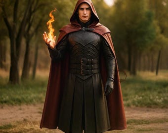Handgefertigter Leder Umhang mit Kapuze: Gothic Cosplay Kostüm Rüstung