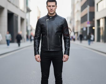 Men's Black Leather Biker Jacket - Cafe Racer Motorcycle Rider Jacket - Gift For Him