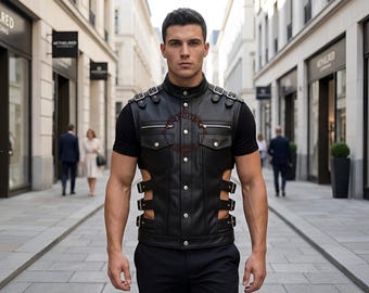 Chaleco táctico de cuero negro para hombre hecho a mano - Chaleco Steampunk con hebilla lateral - Chaleco de motorista urbano gótico