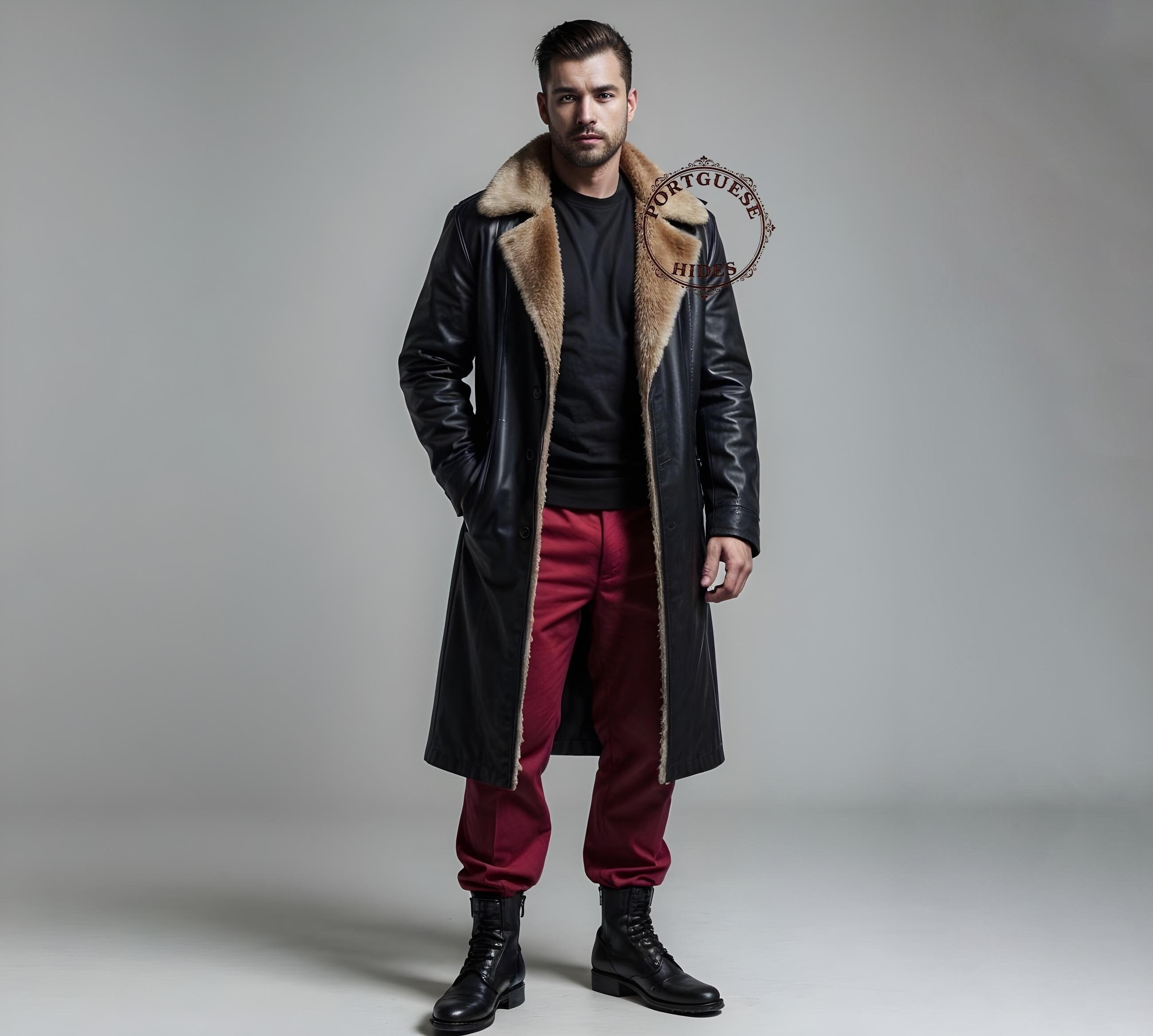 Men's Black Sheep Leather Trench Coat: Fur Lined Winter Outerwear