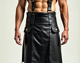 Könnte beinhalten: Schwarzer Lederkilt mit goldenen Knöpfen und Hosenträgern. Der Kilt hat zwei Taschen vorne und eine Naht in der Mitte.
