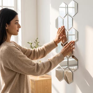 May include: A set of multiple hexagonal wall mirrors arranged in a vertical cluster on a white wall. Each individual mirror features a clean, geometric shape with thin silver-toned edges, reflecting the surrounding room and light.