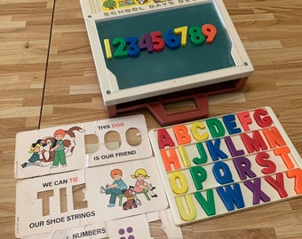 Vintage Fisher Price School Days Desk 1972 Chalkboard Learning Toy for Children Puzzle Alphabets