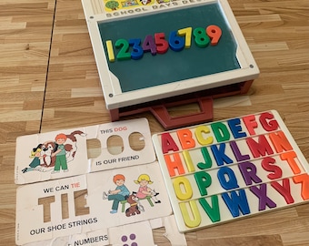 Vintage Fisher Price School Days Desk 1972 Chalkboard Learning Toy for Children Puzzle Alphabets