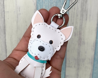 Small size - Pipi the Westie cowhide leather charm with lobster clasps version ( White )